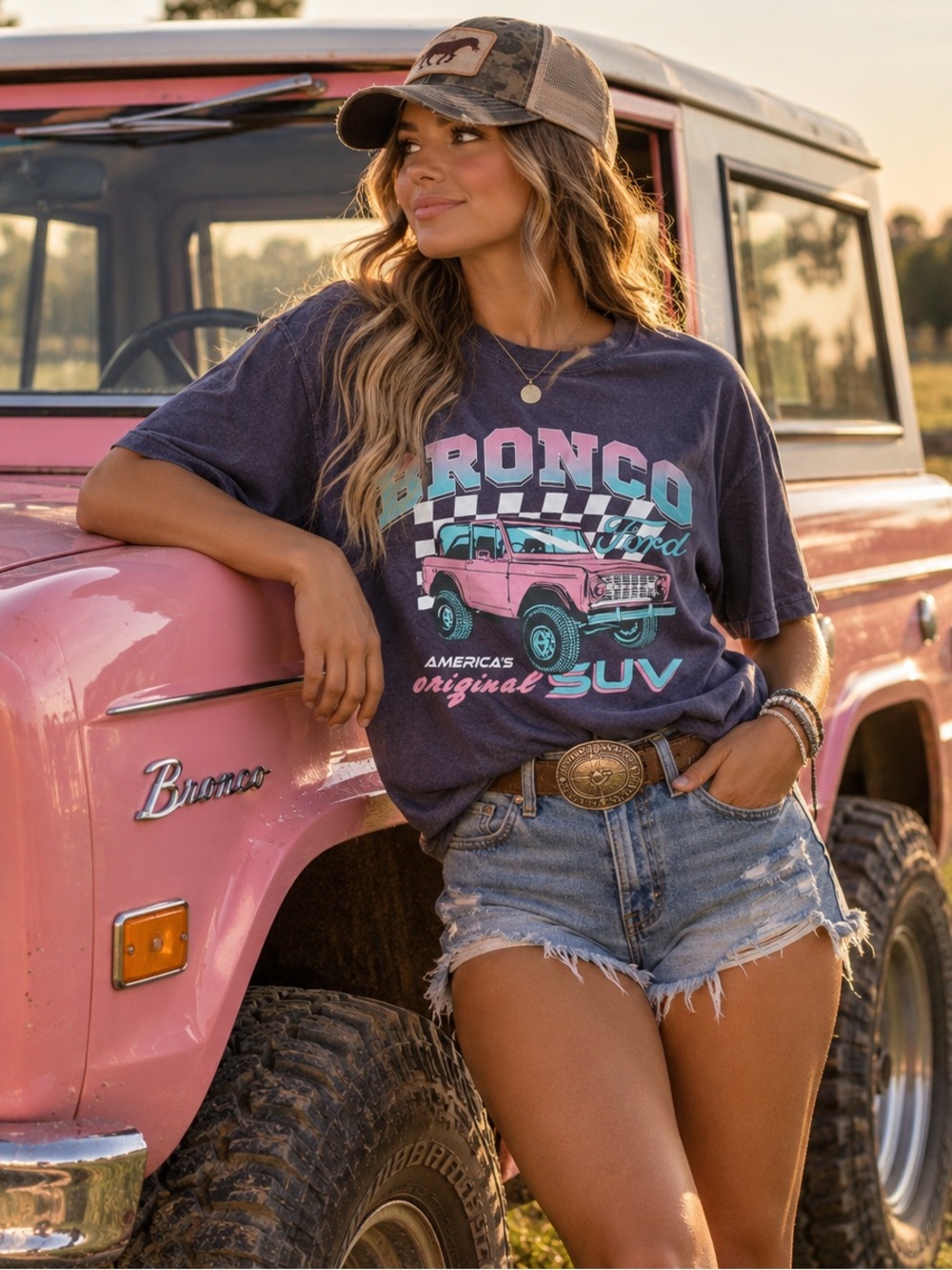 Ford Purple Tee with Pink & Teal Bronco Graphic